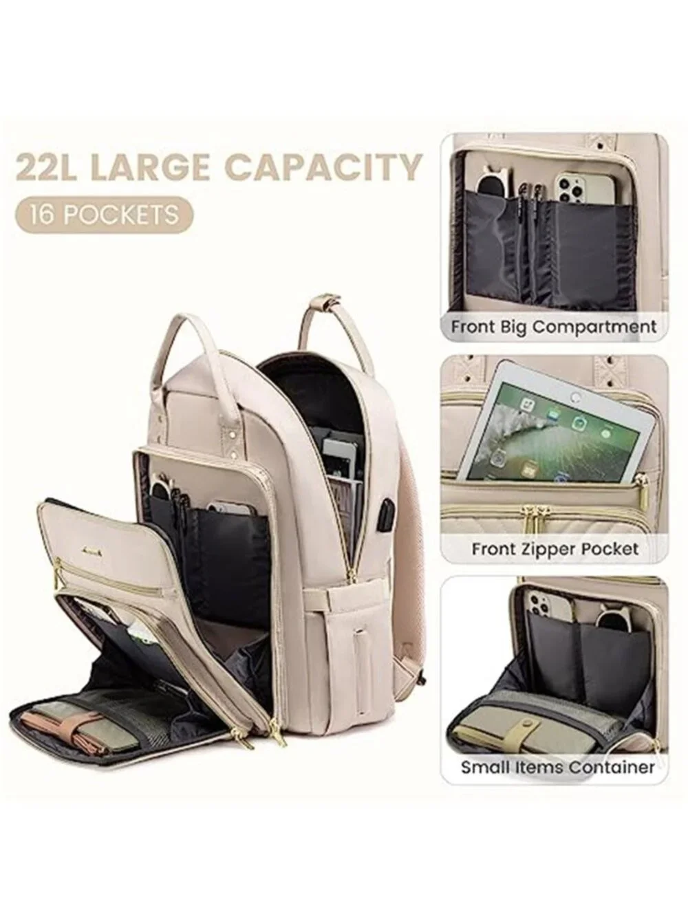 Laptop Backpack 15.6 Inch Travel Work Bag USB Charging Large Capacity 16 Pocket